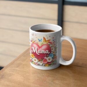 Mama Heart, Butterflies with Red Heart and Flowers White Ceramic Mug 11oz